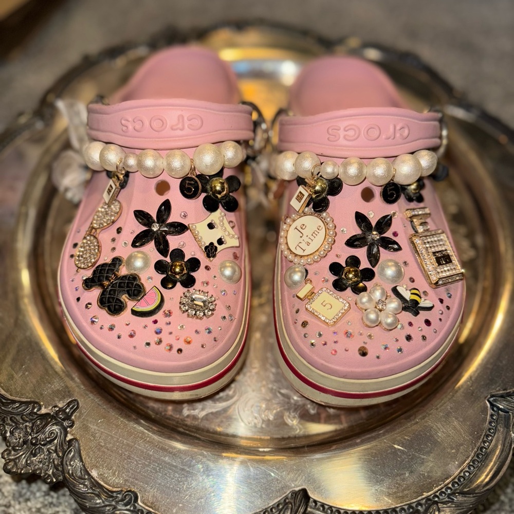 CROCS Pink Slippers with Floral Accents and Fun Glam Charms